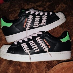 SUPERSTAR Black Leather Sneaker with Pink Laces & Neon Green Heel